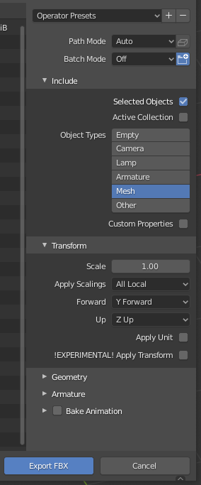 The recommended FBX export settings for UDK