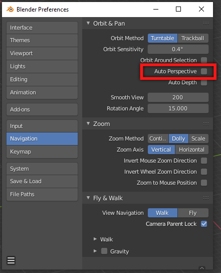 'Auto Perspective' highlighted in the Blender preferences window