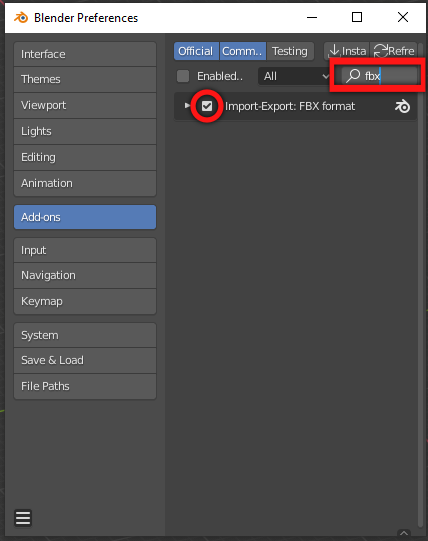 'FBX Importer/Exporter' highlighted in the Blender preferences window