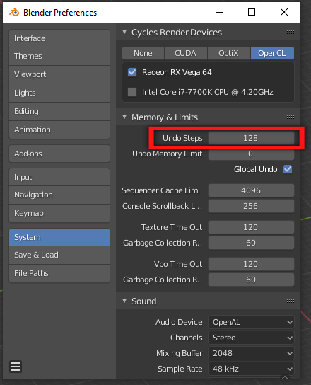 'Undo Steps' highlighted in the Blender preferences window