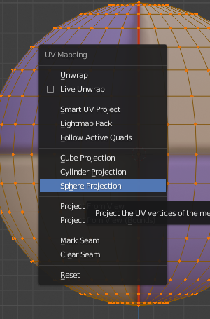 The Sphere projection option highlighted in the menu