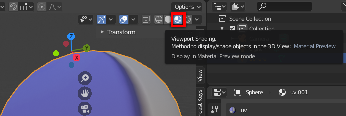 Red box highlighting the Viewport shading mode setting in Blender