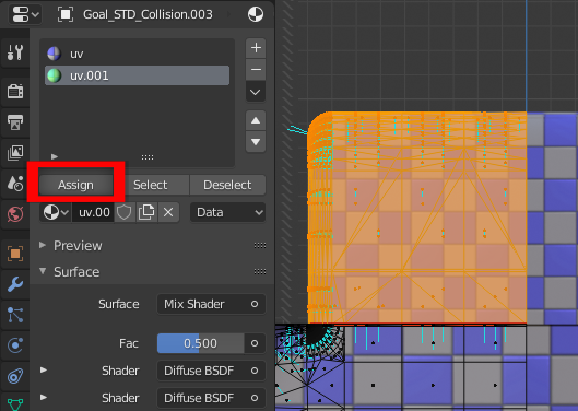 Red box highlighting the assign action for the material selected