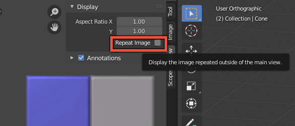 The display settings with the 'Repeat image' setting highlighted