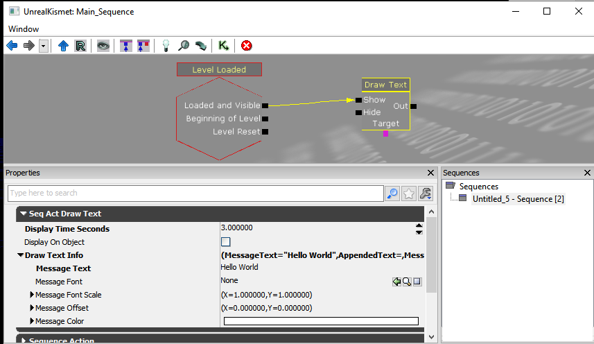 A sequence with a LevelLoaded and DrawText node