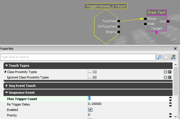 The properties window in Kismet with 'Max Trigger Count' set to 0