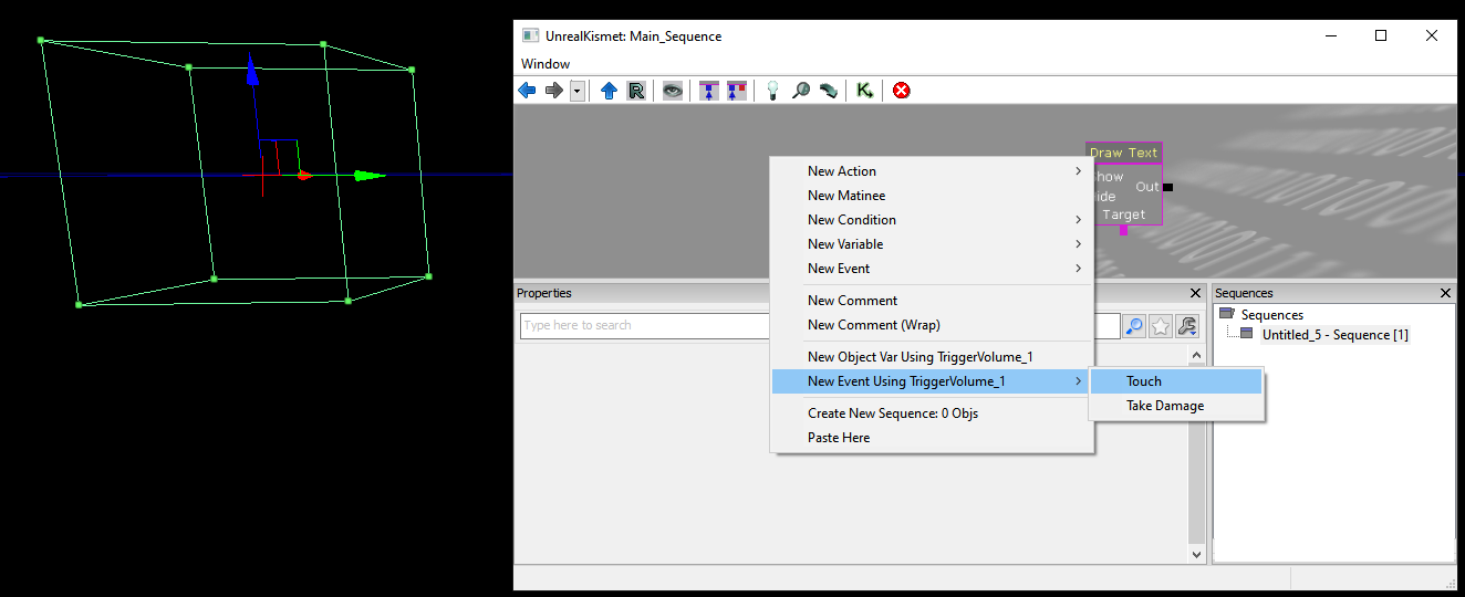 The menu to create a TriggerVolume, selected in the editor, in kismet