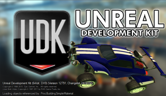 A splash screen for UDK with an octane car and the UDK logo