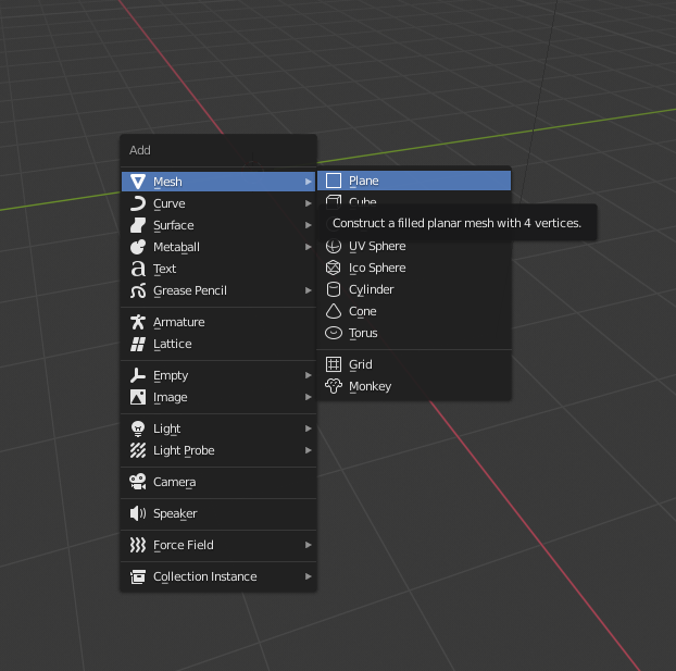 Menu to add a plane mesh