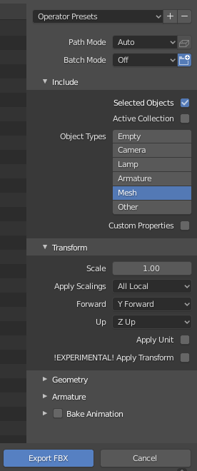 Export settings