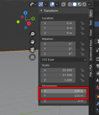 Transform window to edit the dimensions