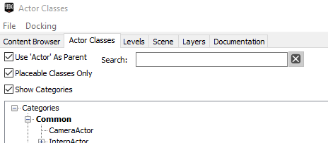 The actor classes window in the content browser