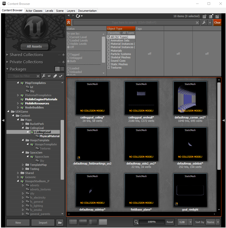 Content browser of CeilingGoal with some map assets