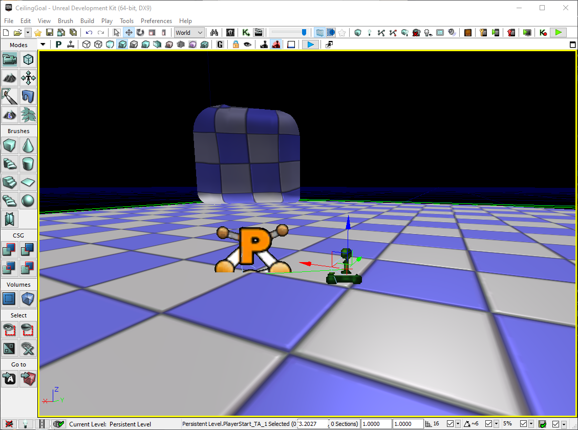 UDK editor with a player start, pylon and some meshes