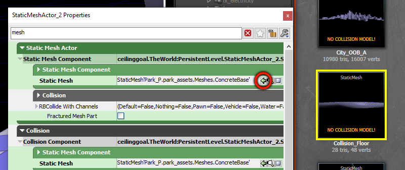 Highlighting the actions on how to assign the Collision_Floor to a static mesh
