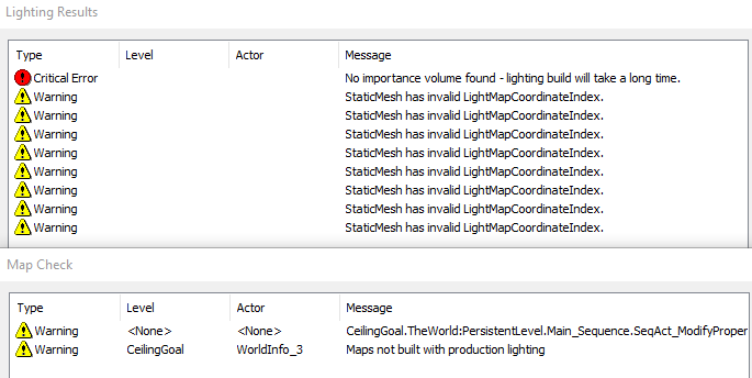 Lighting build result with errors and warnings