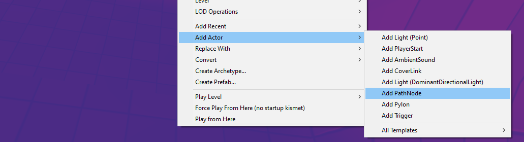 Add PathNode actor shown in the right click menu