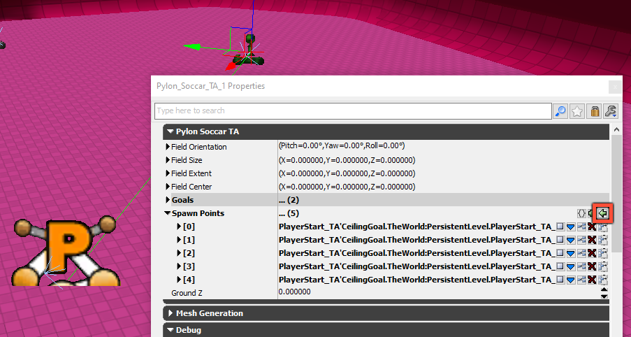 Pylon_Soccar_TA properties window with the goals and player starts assigned