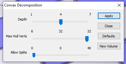 Convex decomposition menu for a blocking volume