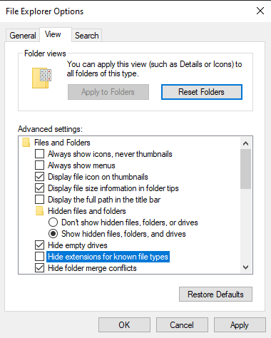 Windows settings menu for file explorer