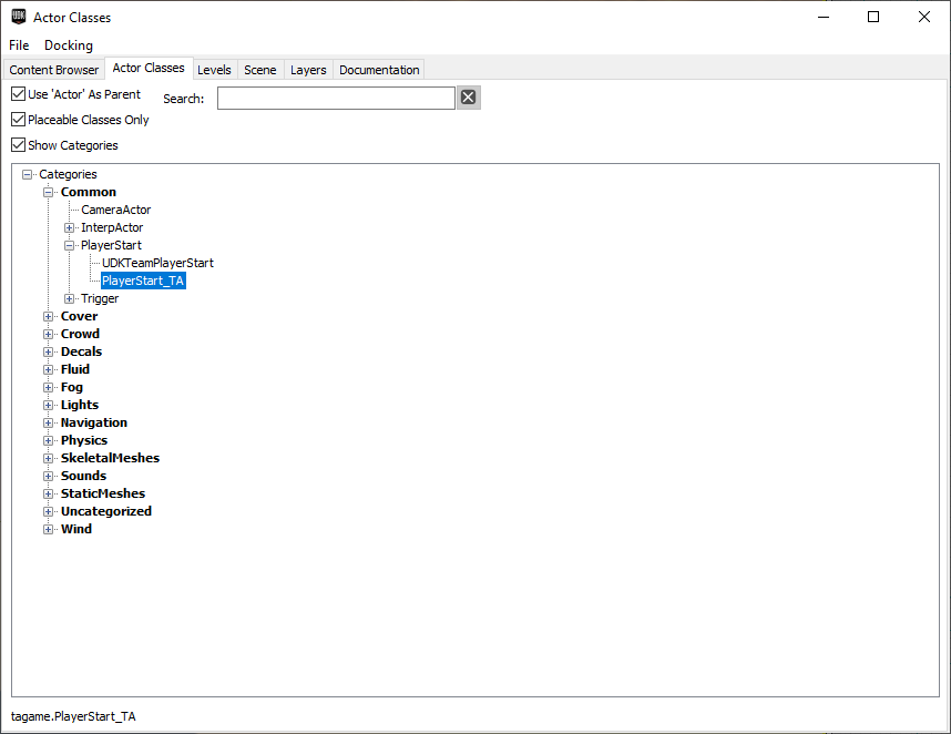 Tree view of placeable Actor classes