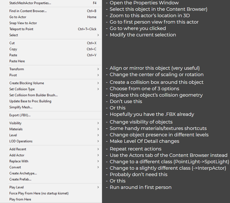 Menu shown on right clicking a StaticMeshActor with descriptions of the action