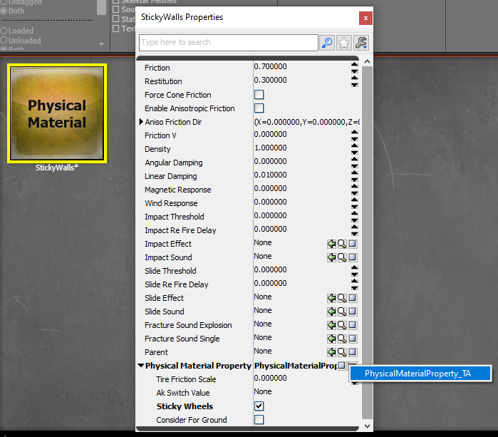 Properties menu of the StickyWalls material