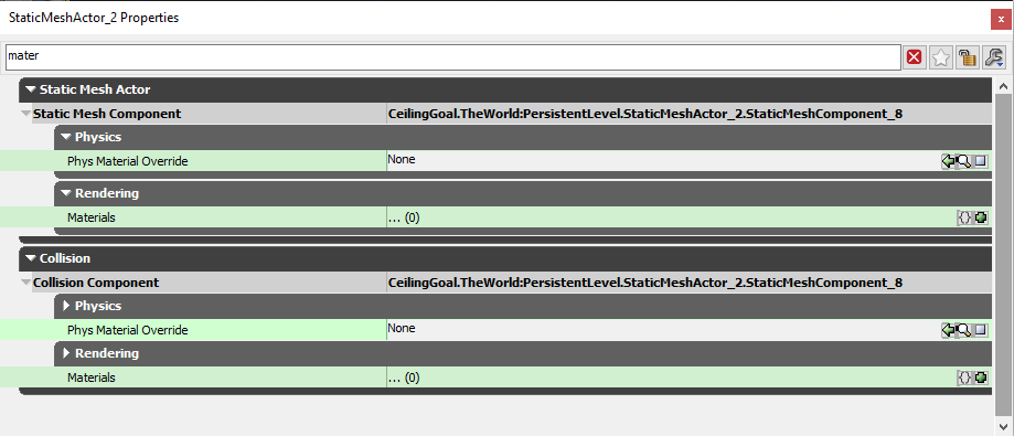 The properties window of a StaticMeshActor filtered for 'mater'